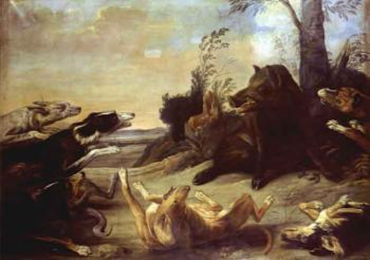 Wild boar attacked by hounds by Paul de Vos