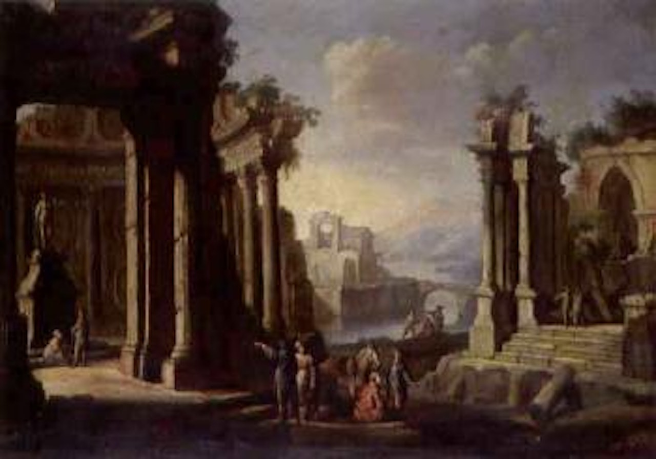 Italianate landscapes with figures amongst classical ruins by Venetian School