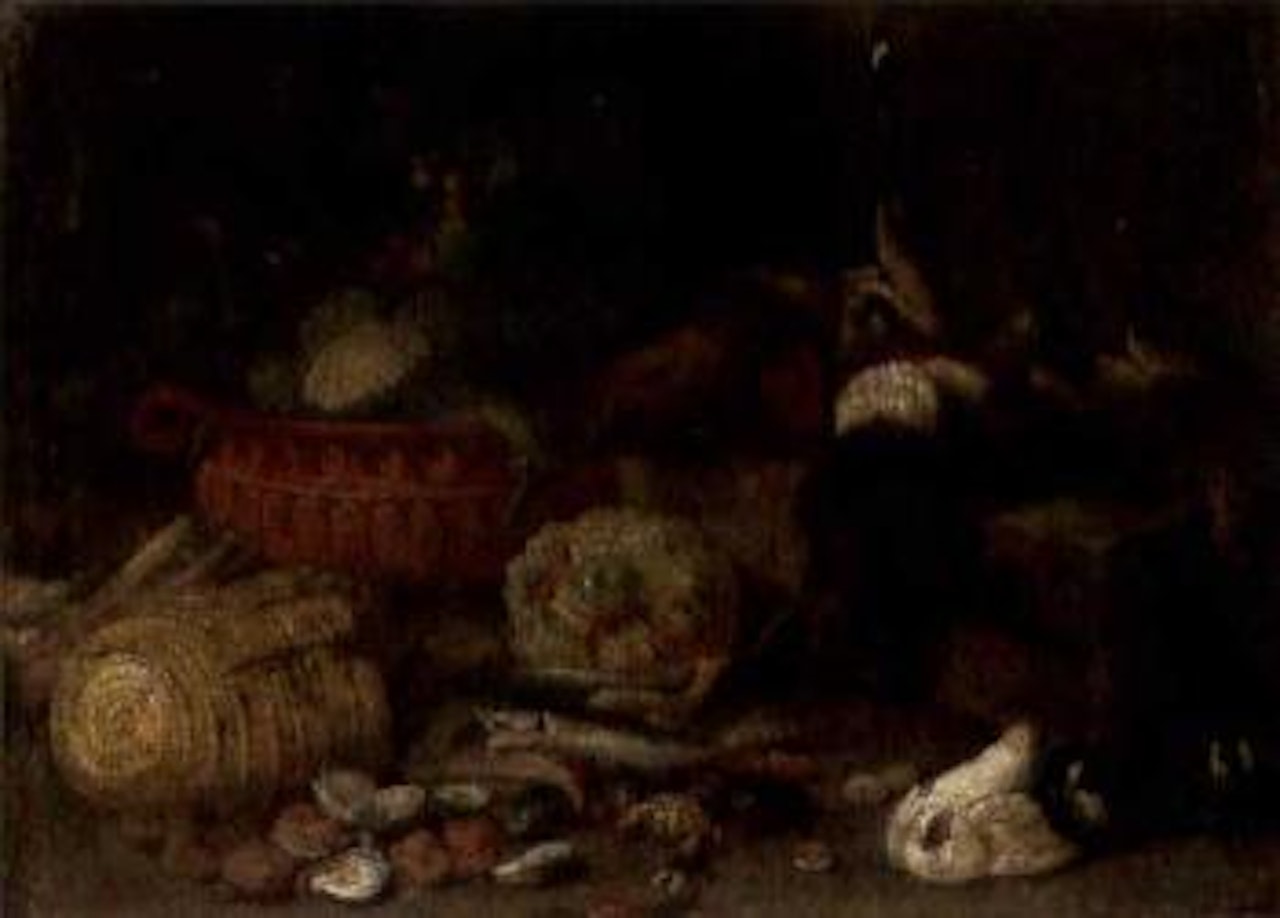 Pigeons, fish in a wicker basket by Jan Van Kessel The Elder