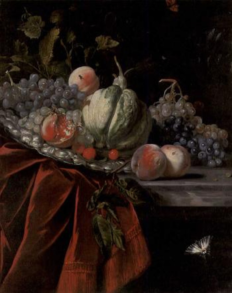 Grapes, peaches and fruit on a draped ledge by Willem van Aelst