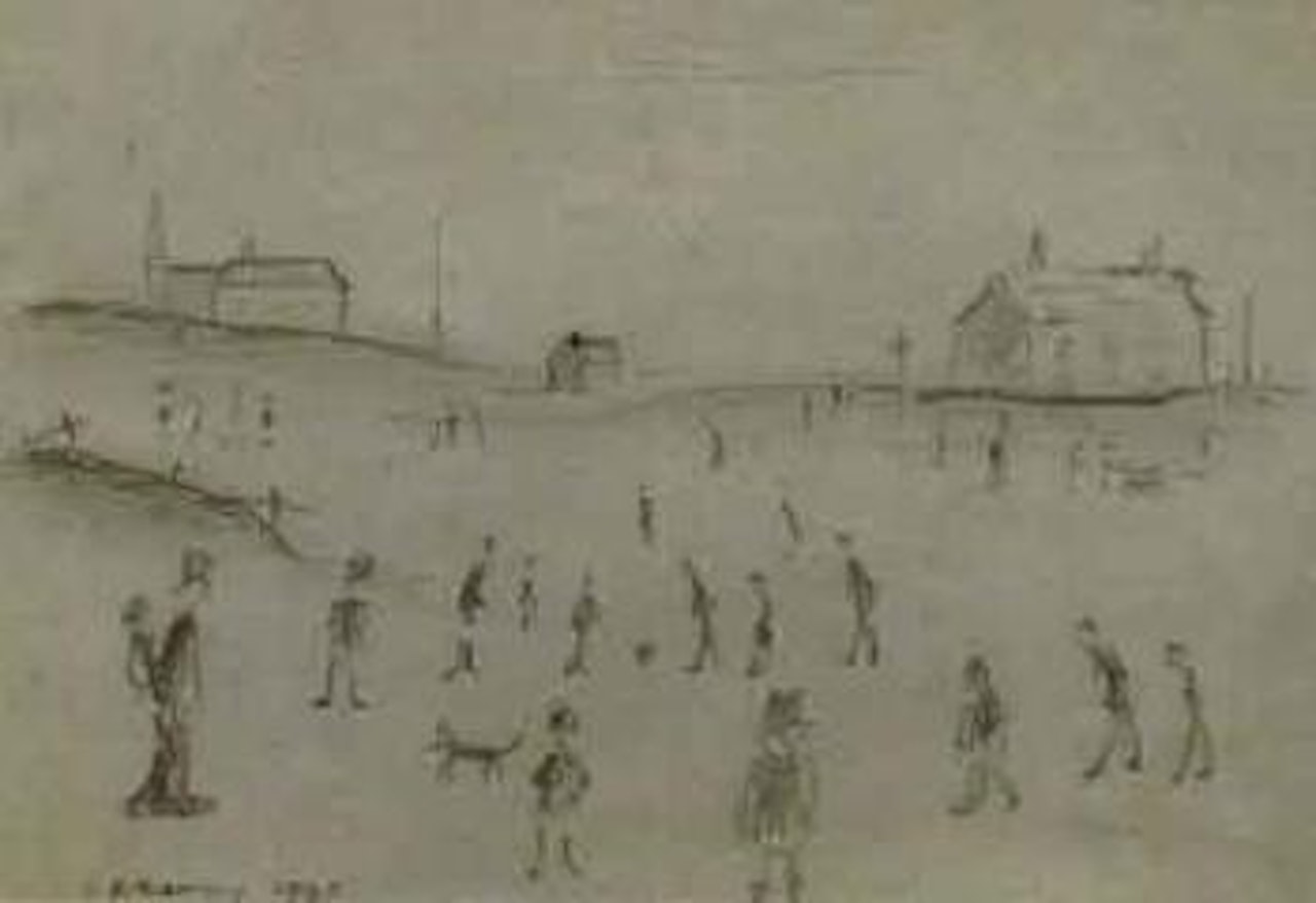 Figure in a park with buildings by Laurence Stephen Lowry