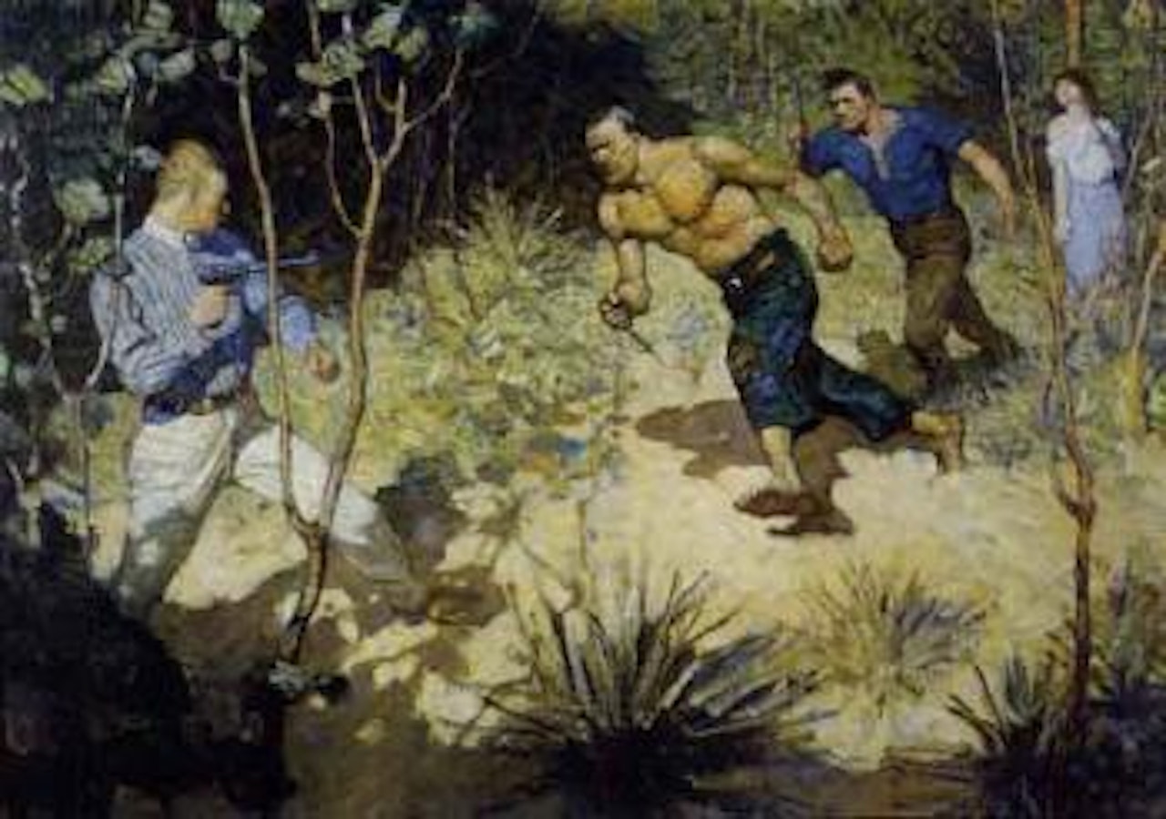 Man firing a gun at attackers armed with knives by Newell Convers Wyeth