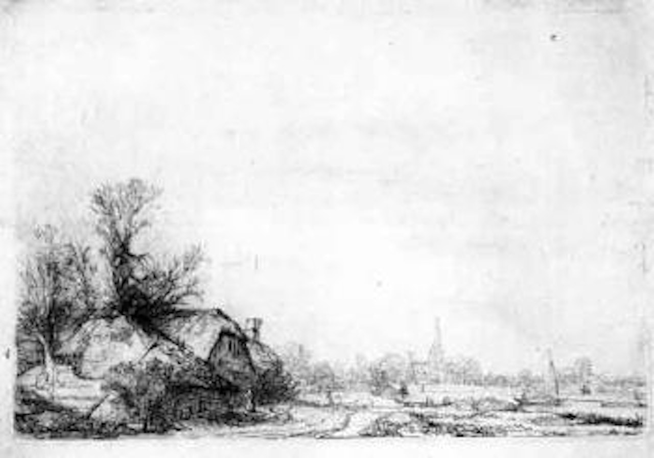 Cottages beside a canal by Attributed to Rembrandt Harmensz van Rijn