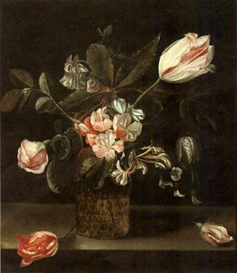 Roses, tulips and other flowers in a glass vase by Flemish School