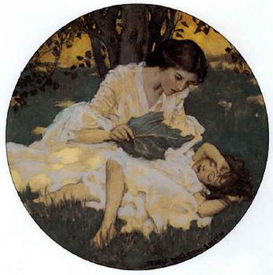Mother fanning her daughter on a lawn by Jessie Willcox Smith