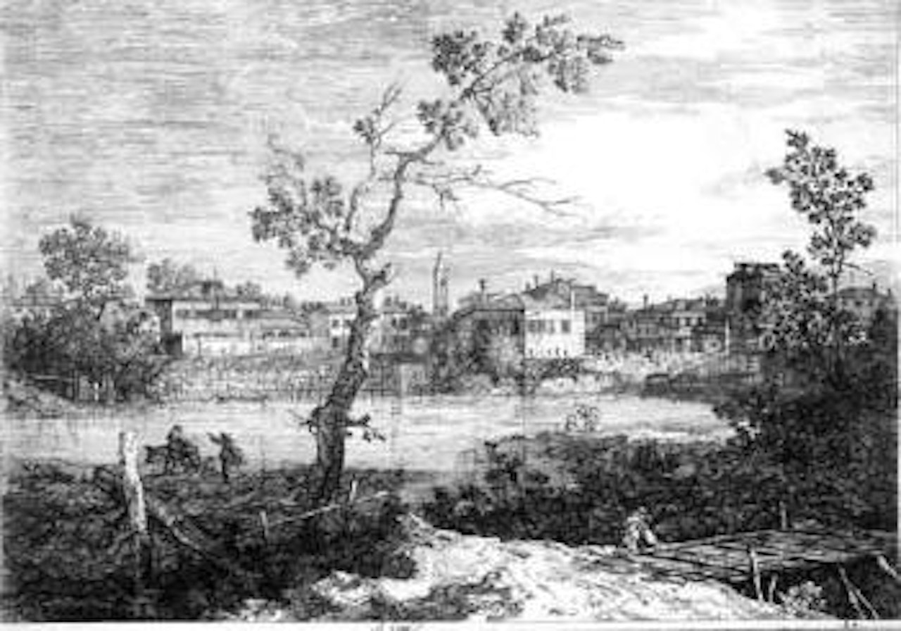 View of a town on a river bank by Canaletto