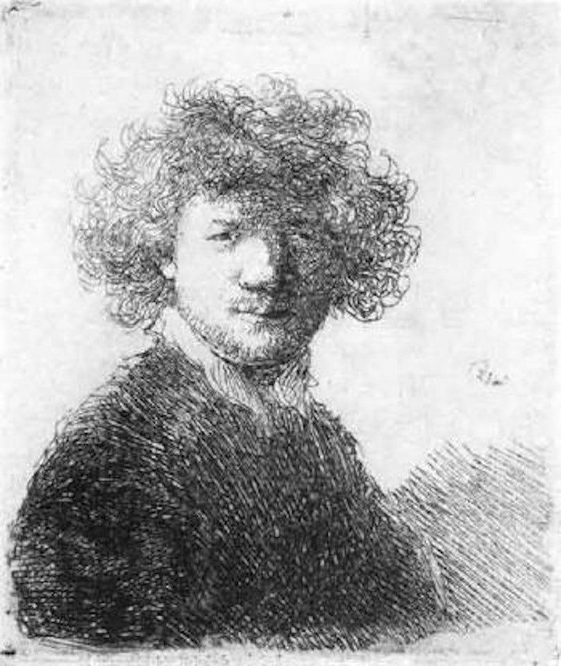 Self portrait with curly hair by Attributed to Rembrandt Harmensz van Rijn