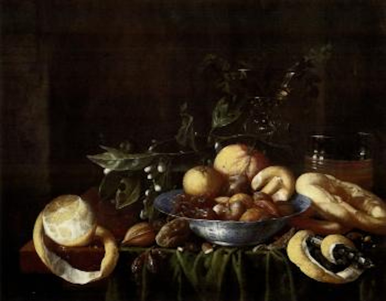 Oranges, nuts and fruit on a draped table by Jan Davidsz de Heem