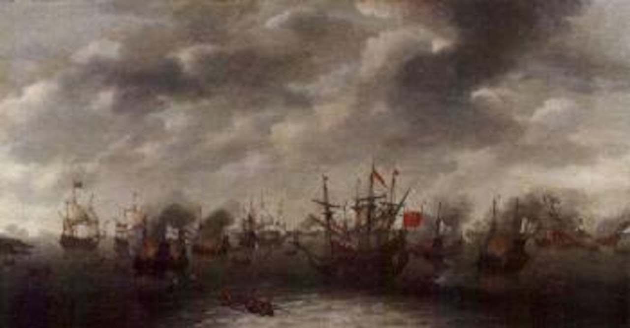 Naval battle, possibly the Battle of Leghorn by Dutch School