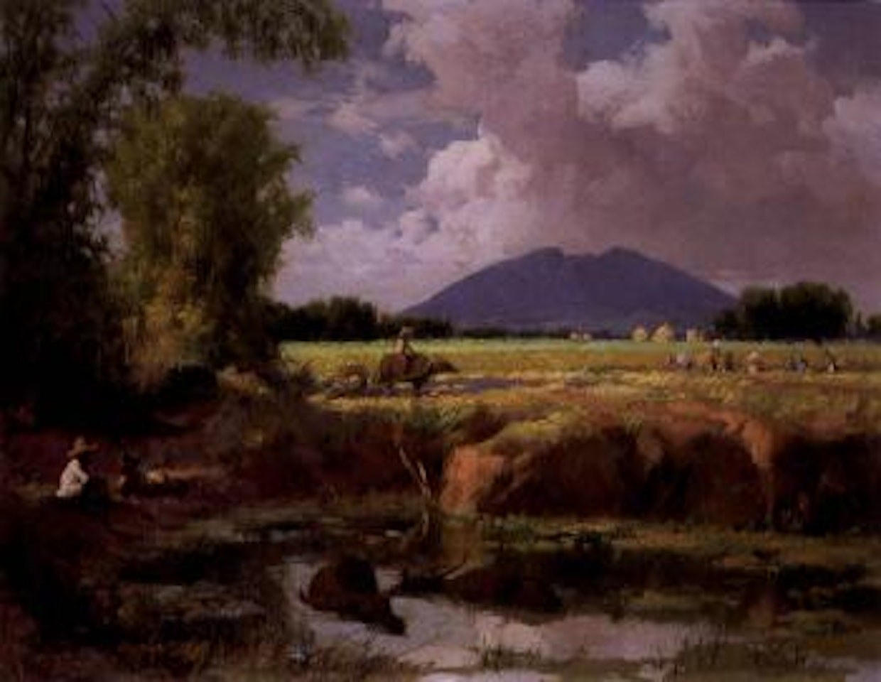 Cowherd and buffalo by the river by Fernando Amorsolo