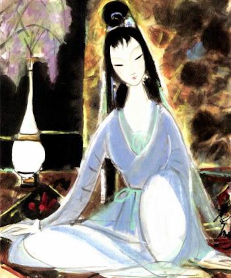 Lady and flowers by Lin Fengmian