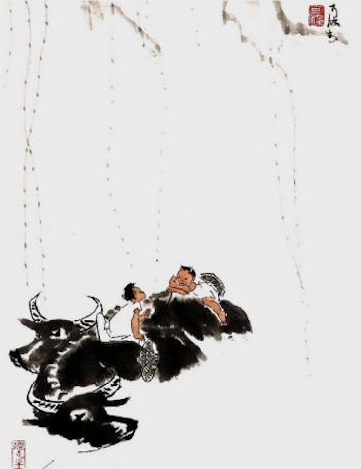 Buffaloes being bathed by Li Keran