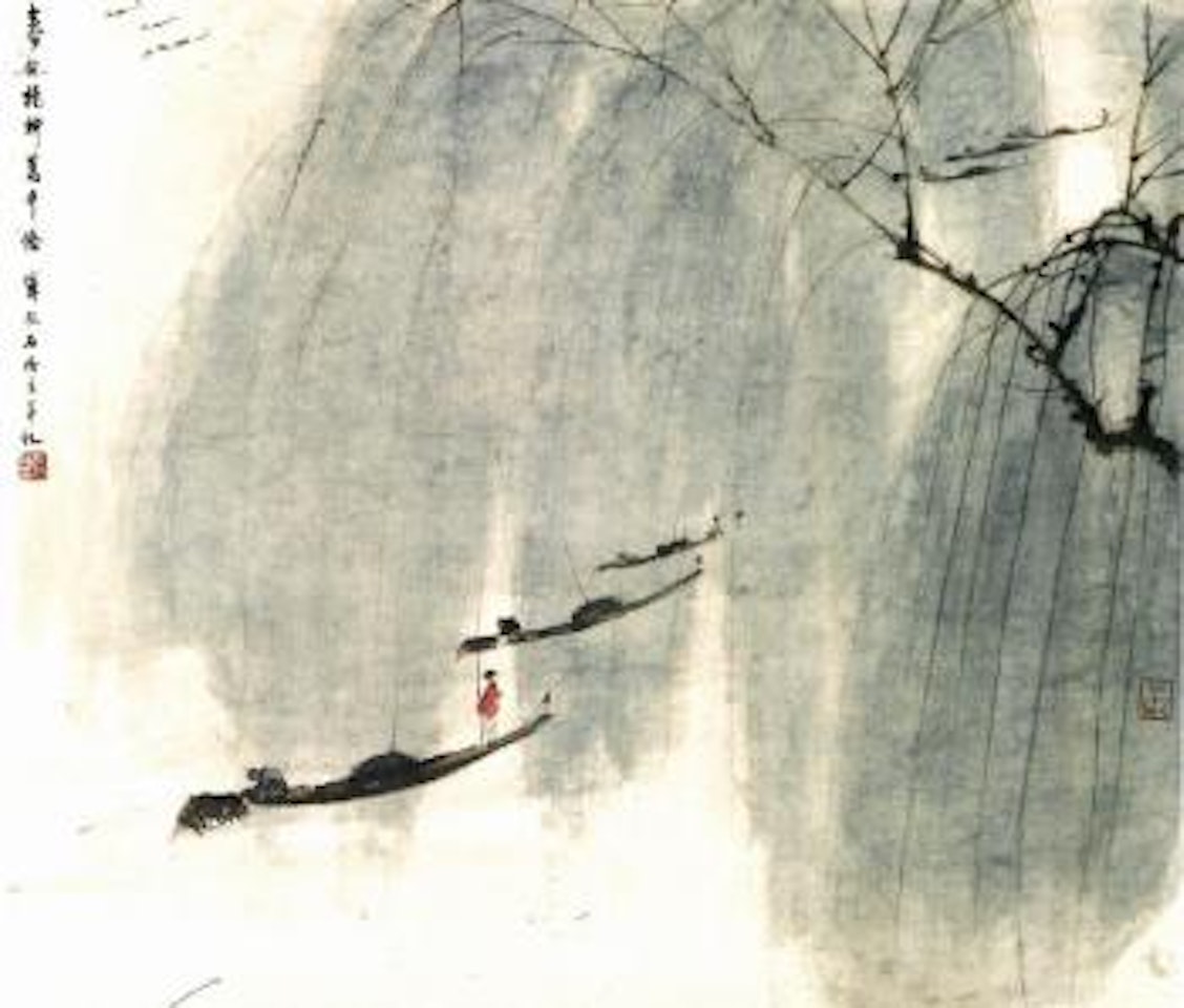 Green willow and boats by Fu Baoshi