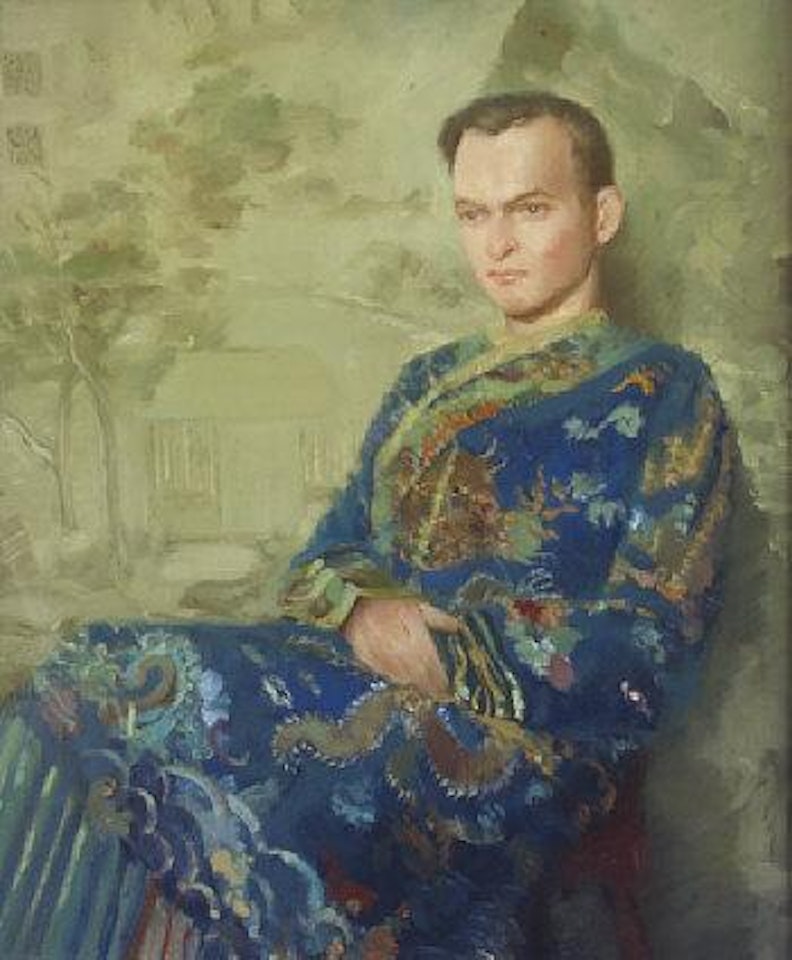 Young man in Chinese blue silk robe by Patrick Hennessey