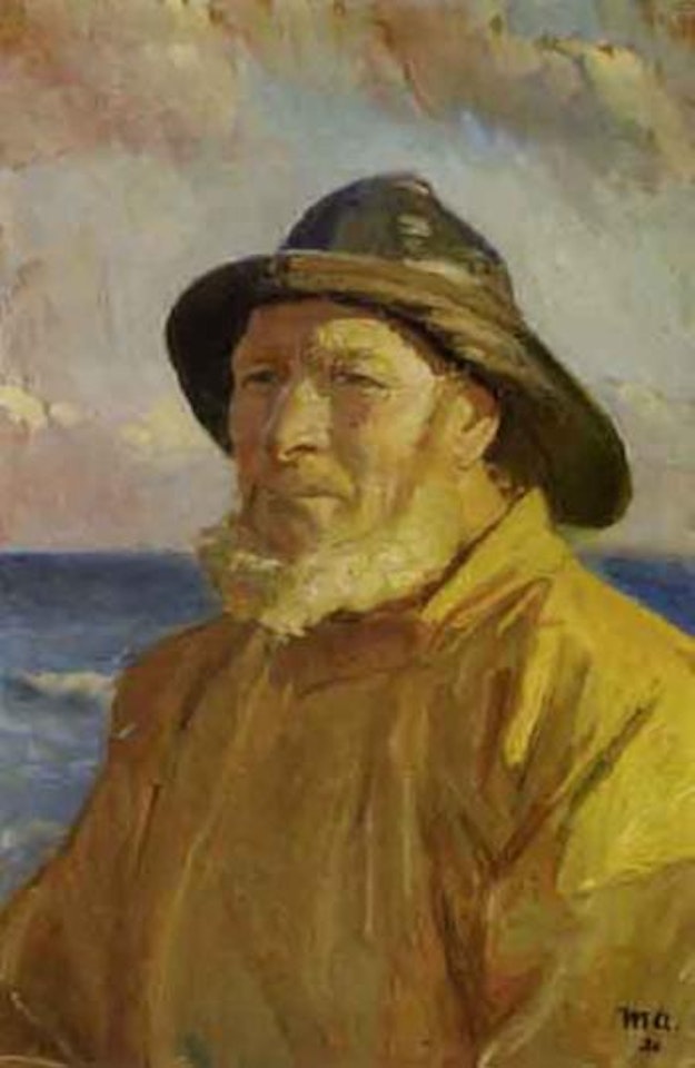 Fisherman wearing sou'wester and rainjacket by Michael Ancher