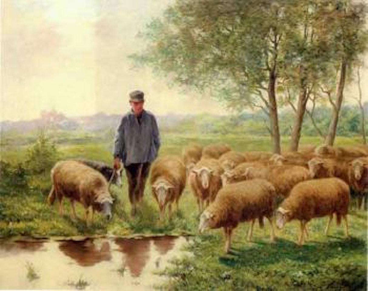 Berger et moutons a l'abreuvoir by Frans de Beul