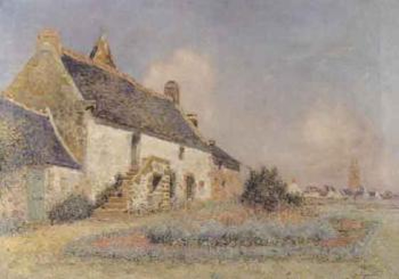 Ferme avec un clocher au second plan by Ferdinand du Puigaudeau