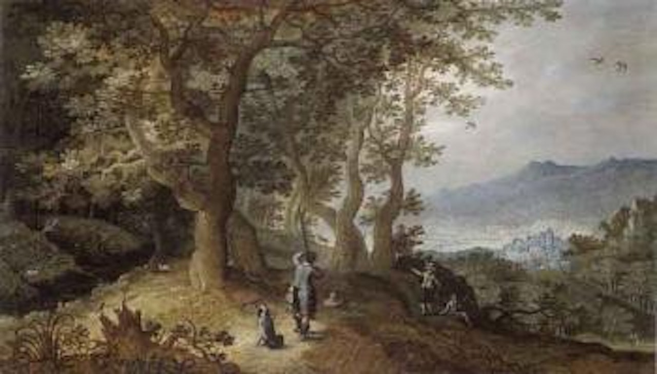 Wooded landscape with huntsmen by Anton Mirou