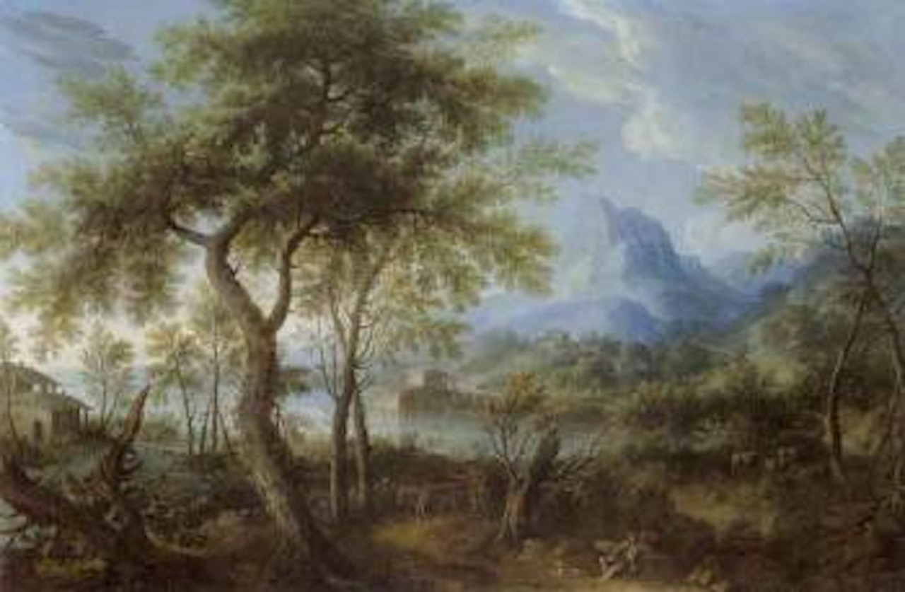 River landscape with houses and figures by Giovanni Battista Cimaroli