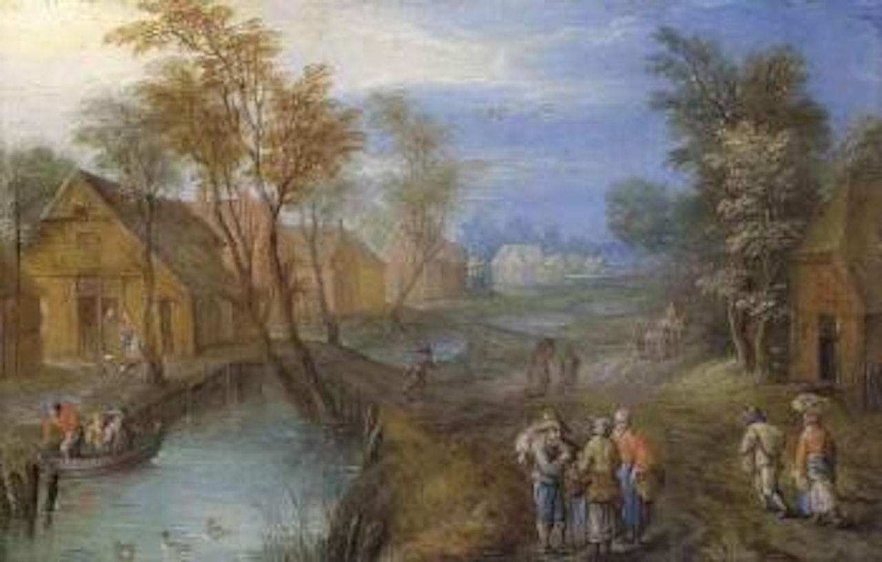 Landscape with farmhouses near river by Karel Beschey
