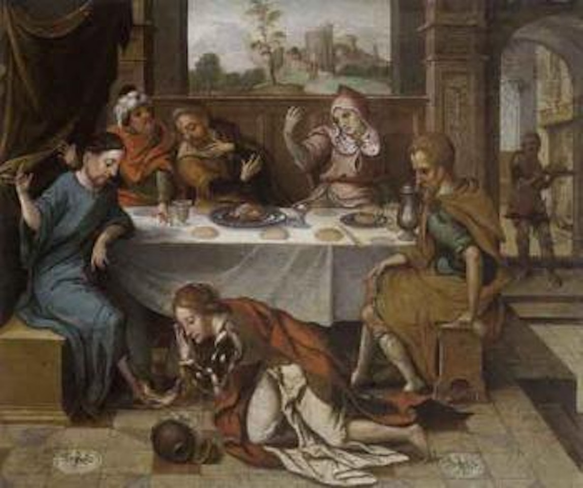 Mary Magdalene anointing feet of Christ by Attributed to Pieter Coecke van Aelst I