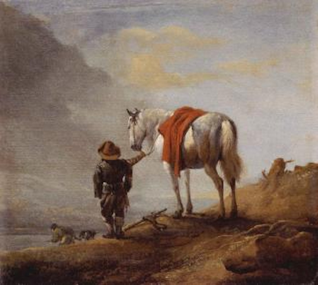 Man leading grey horse by Philips Wouwerman