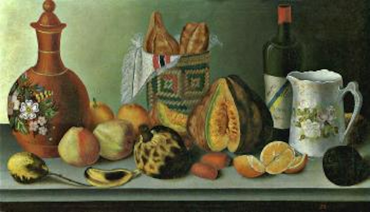 Still lives with jugs and fruit by Mexican School