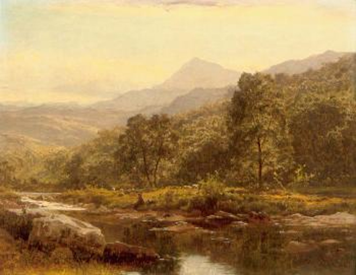 Island on the Llugwy, Capel Curig, with angler by Benjamin Williams Leader