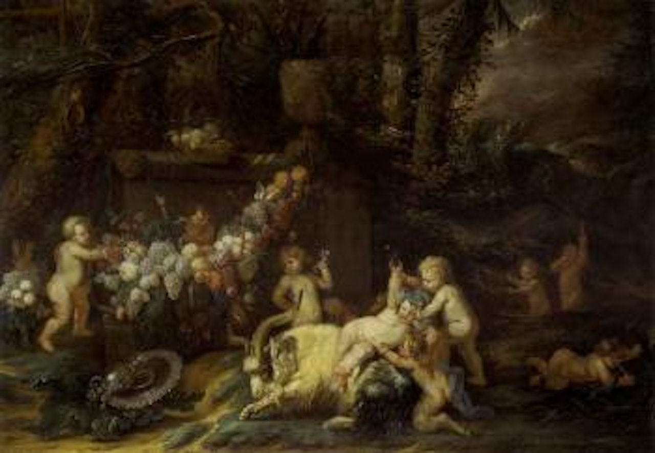 Bacchanal with putti in gardens of palace by Jan Pauwel Gillemans