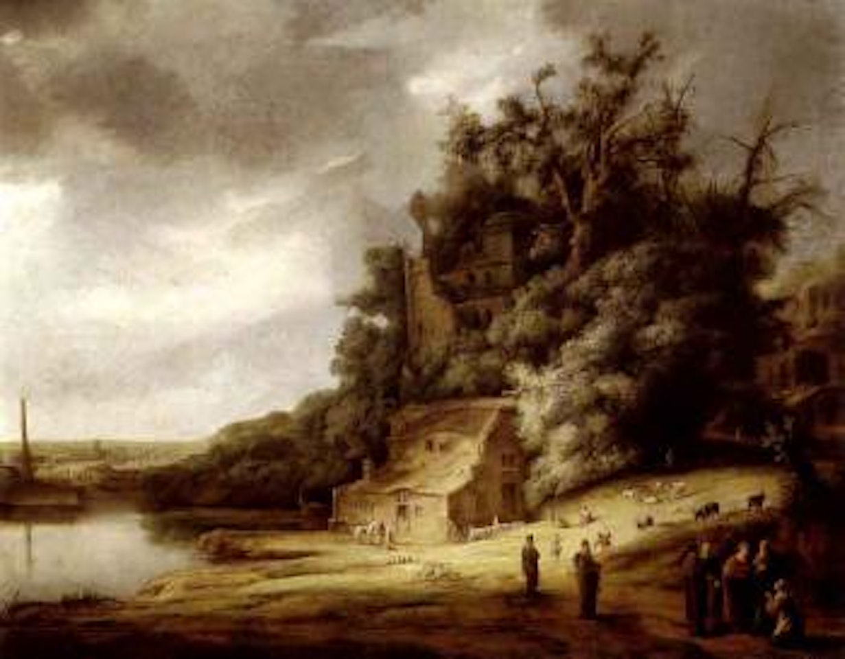 Wooded river landscape with ruins and Christ blessing woman by Attributed to Rembrandt Harmensz van Rijn