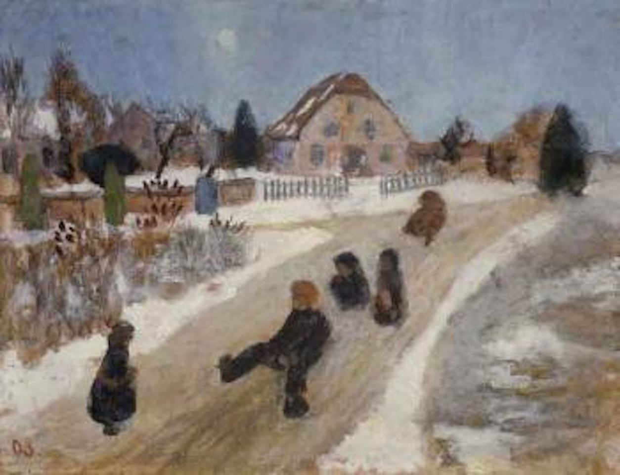 Winter landscape with children on a sleigh by Paula Modersohn-Becker