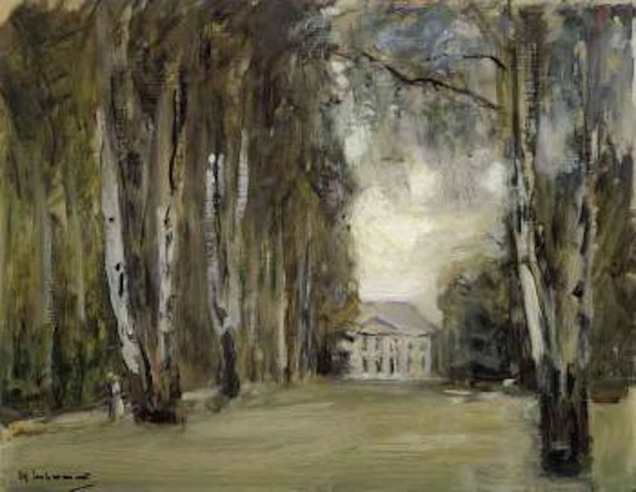 The alley of birch trees in the Wannseegarten towards west by Max Liebermann