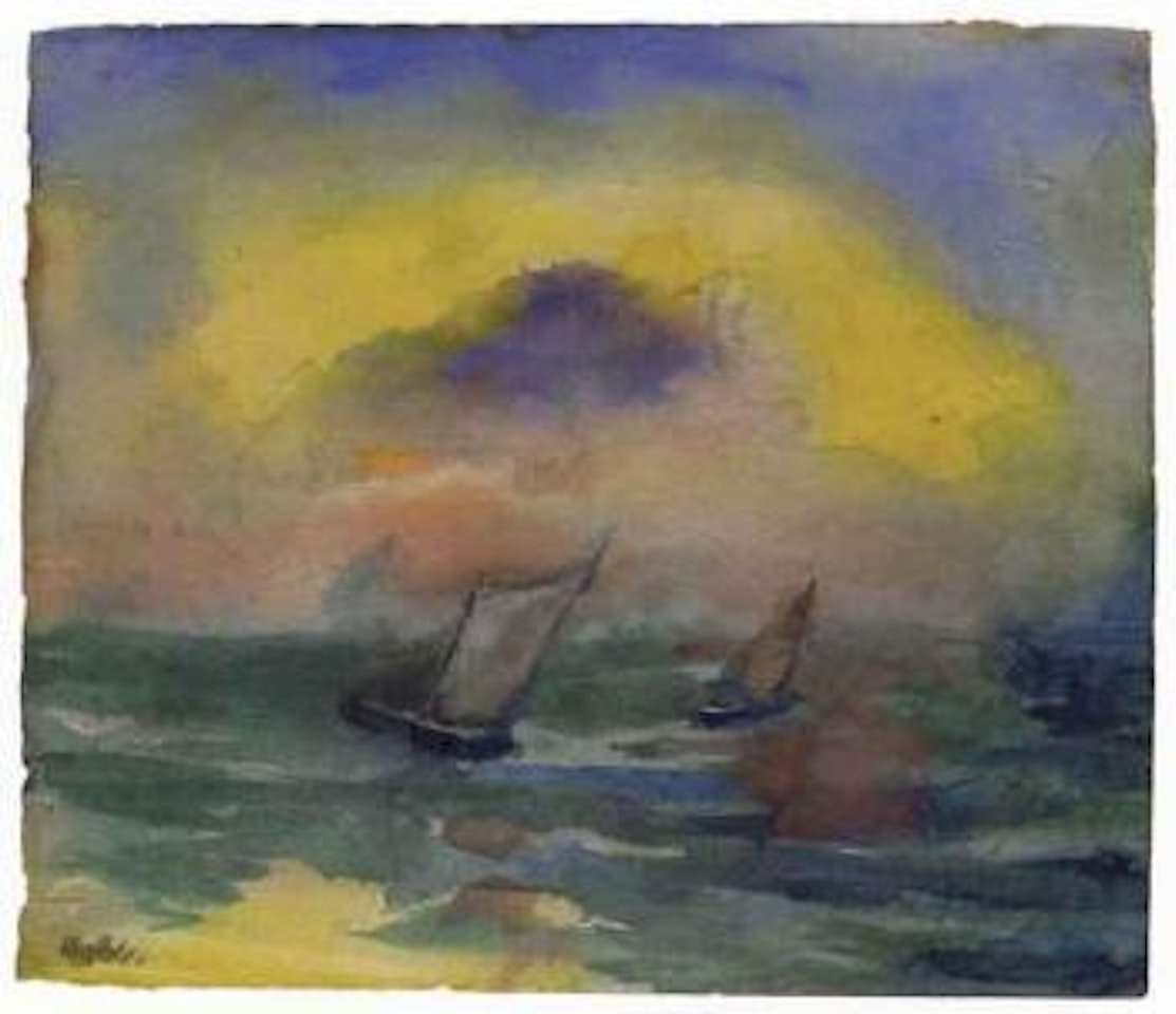 Green sea with two sailing boats by Emil Nolde