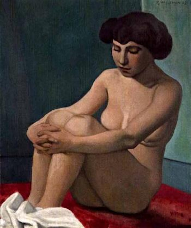 Jeune femme nue assise sur un tapis rouge by Félix Vallotton