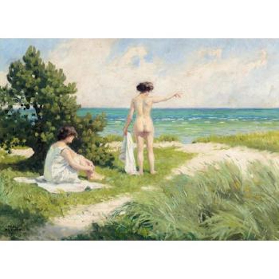 Bathers resting on sand dunes by Paul Fischer