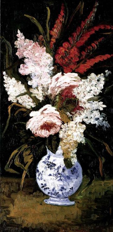 Still life of gladioli and lilacs in vase by Vincent van Gogh