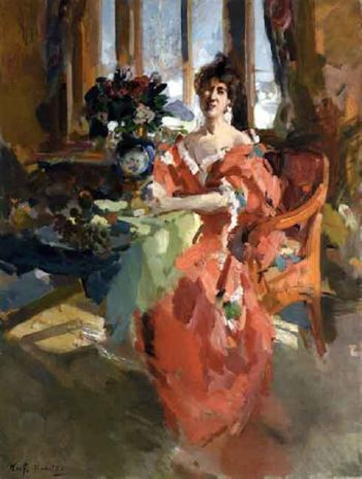 Portrait of a lady in a red dress by Konstantin Alekseevich Korovin