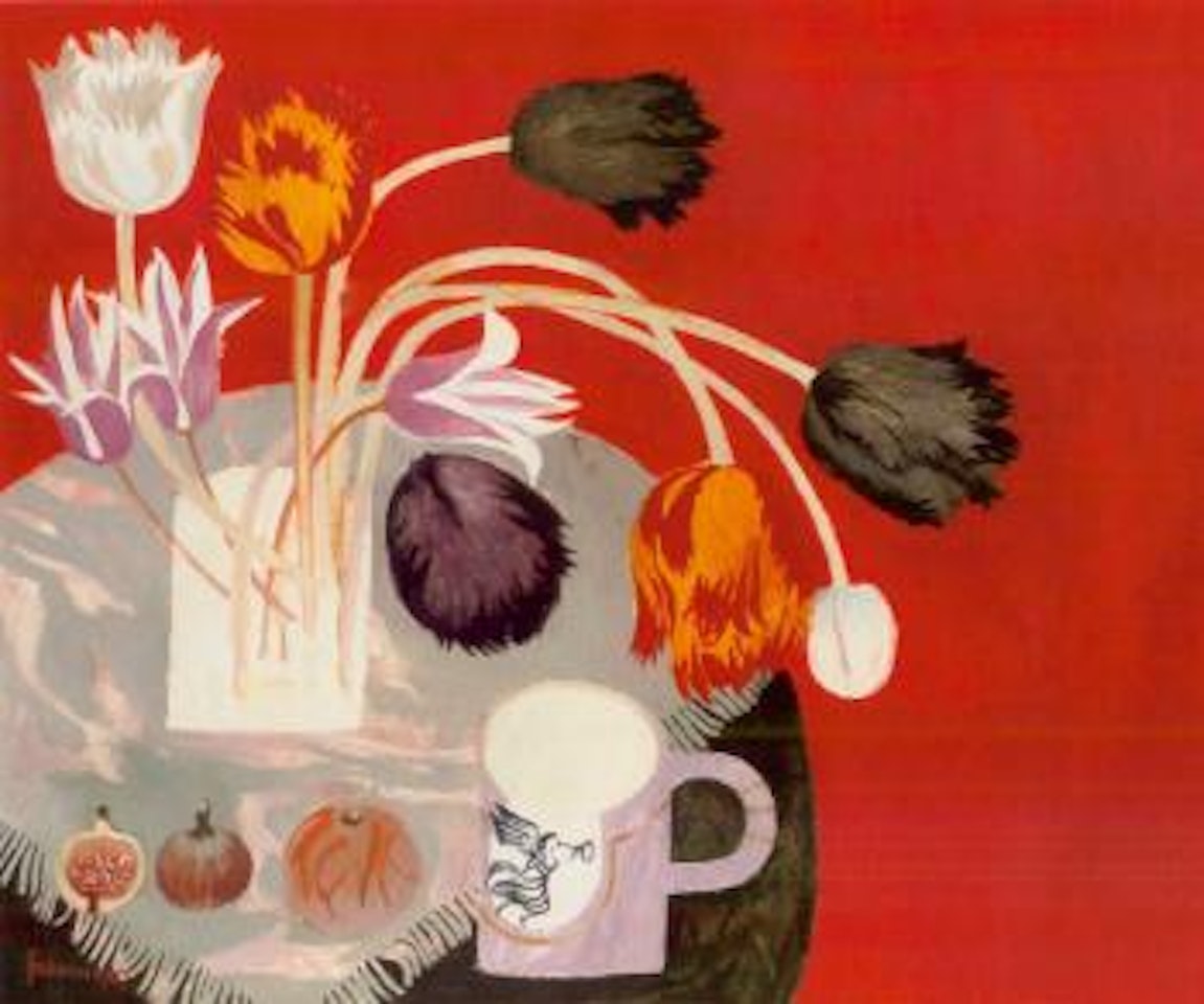 Tulips on red by Mary Fedden