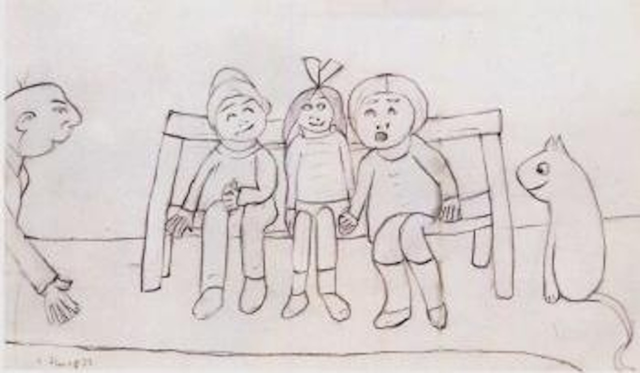 Children sitting on a bench by Laurence Stephen Lowry