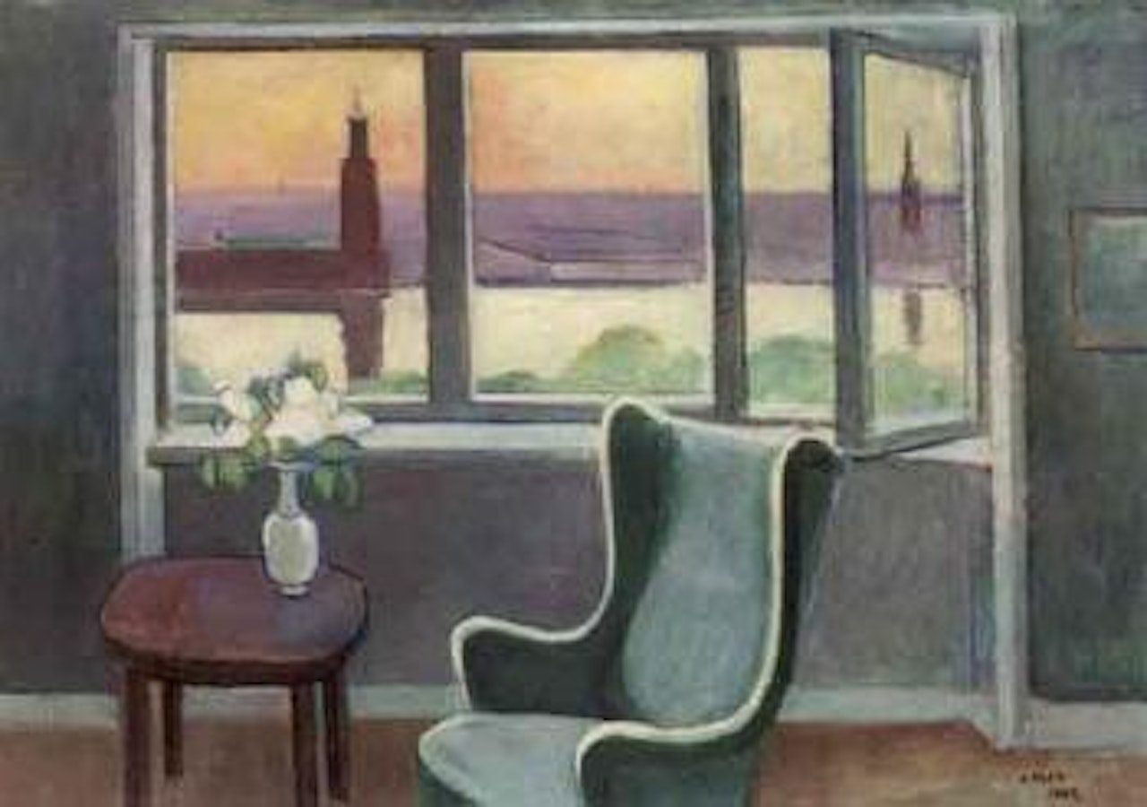 Interior scene with green chair by Einar Jolin