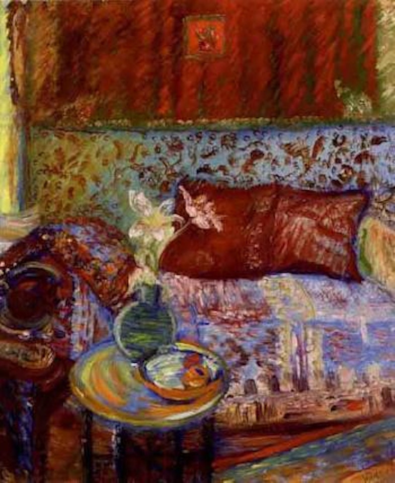Interior scene with sofa, cushions and flowers by Sigrid Hjertén