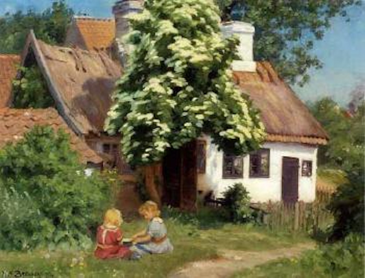 Small girls playing by farmhouse, summer by Hans Andersen Brendekilde