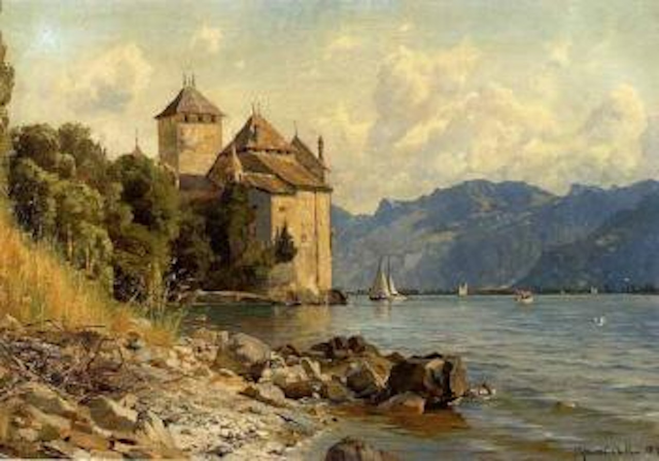 View of Chateau de Chillon in Switzerland by Lake Geneva by Peder Mork Monsted