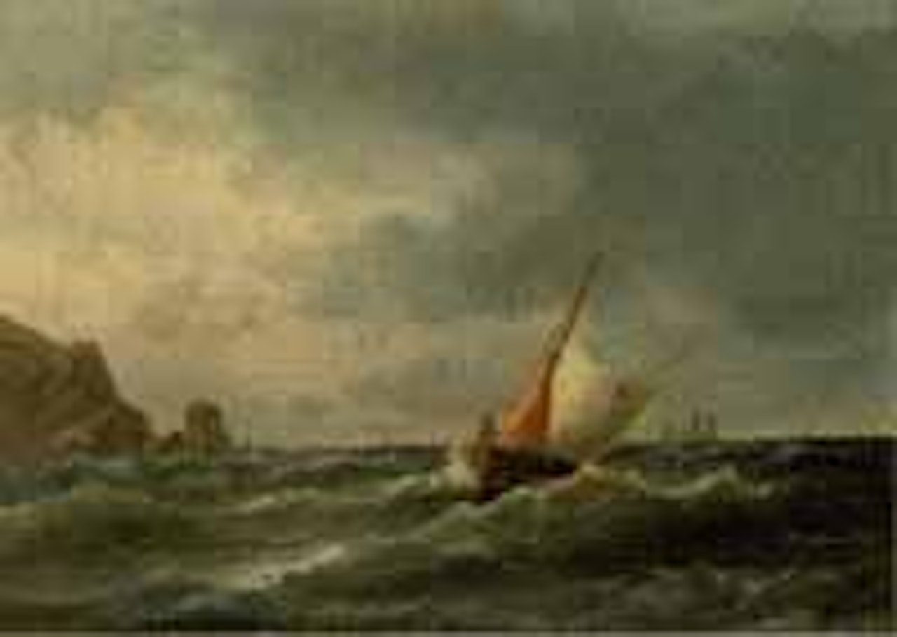 Fishing boat off rocky coast by Anton Melbye