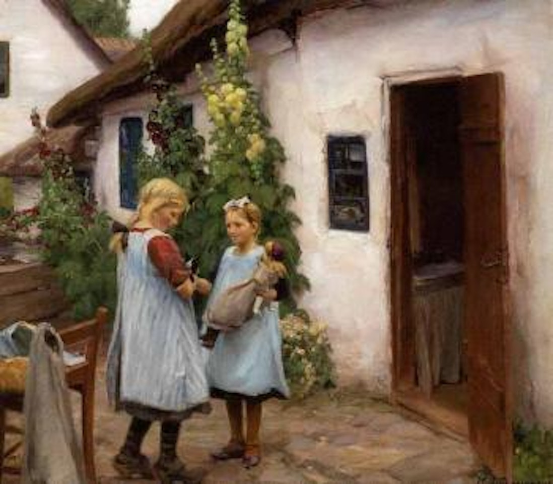 Country girl looking at rich girl's doll by Hans Andersen Brendekilde