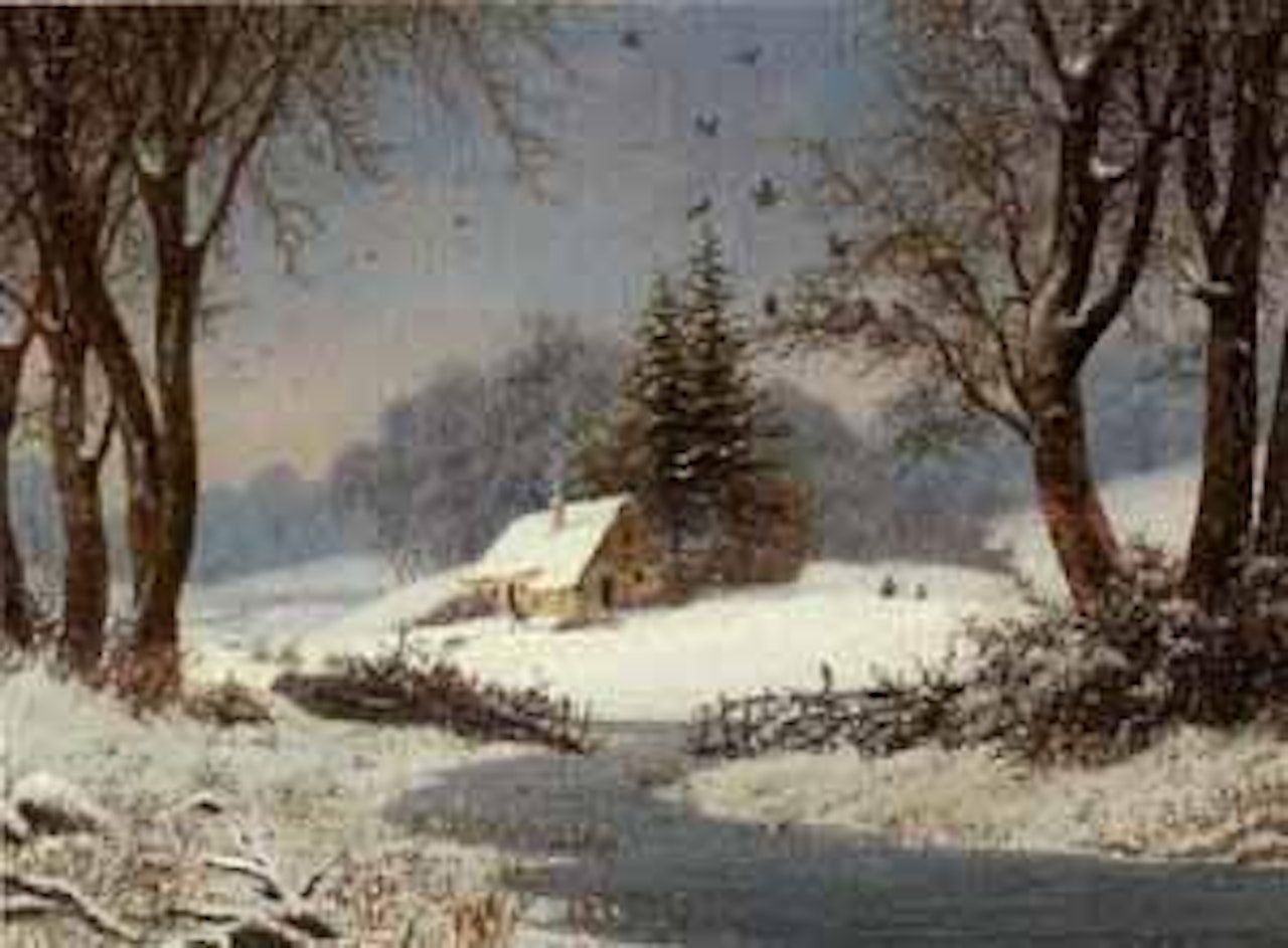 Winter landscape with house by river by Anders Andersen-Lundby