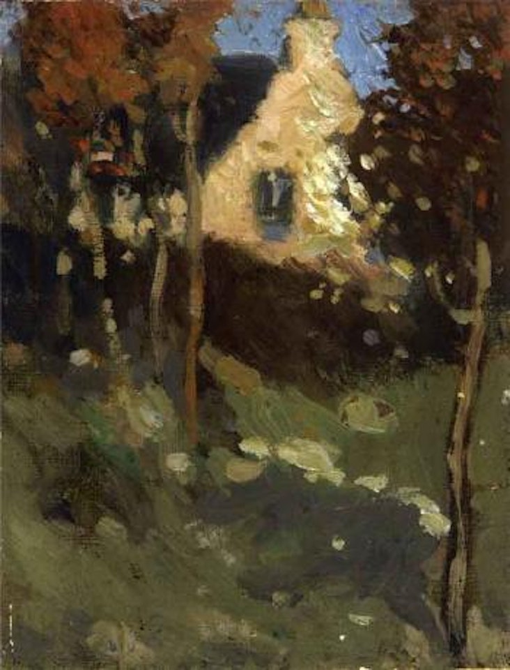 Sunlit cottage in trees by John Duncan Fergusson