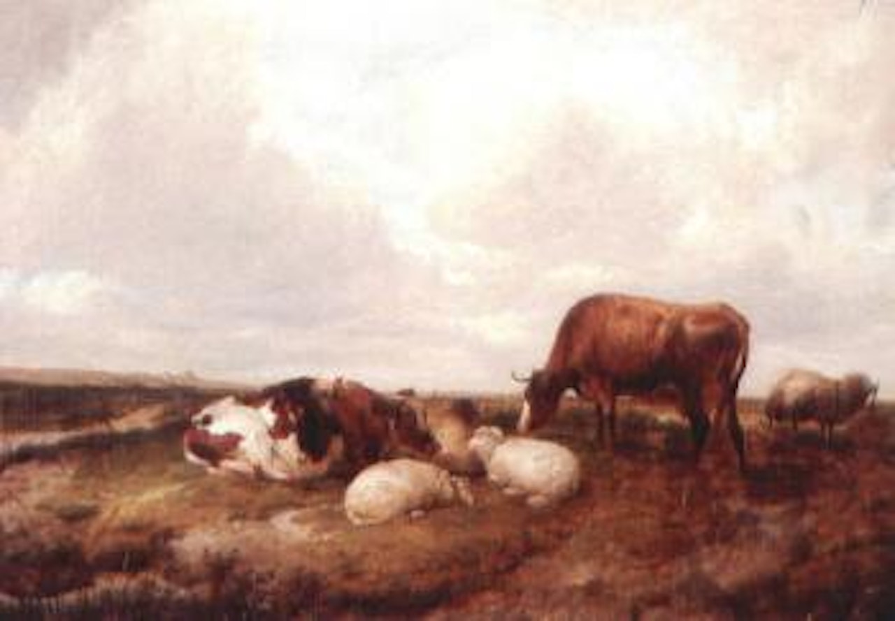 Cattle and sheep grazing by Thomas Sidney Cooper