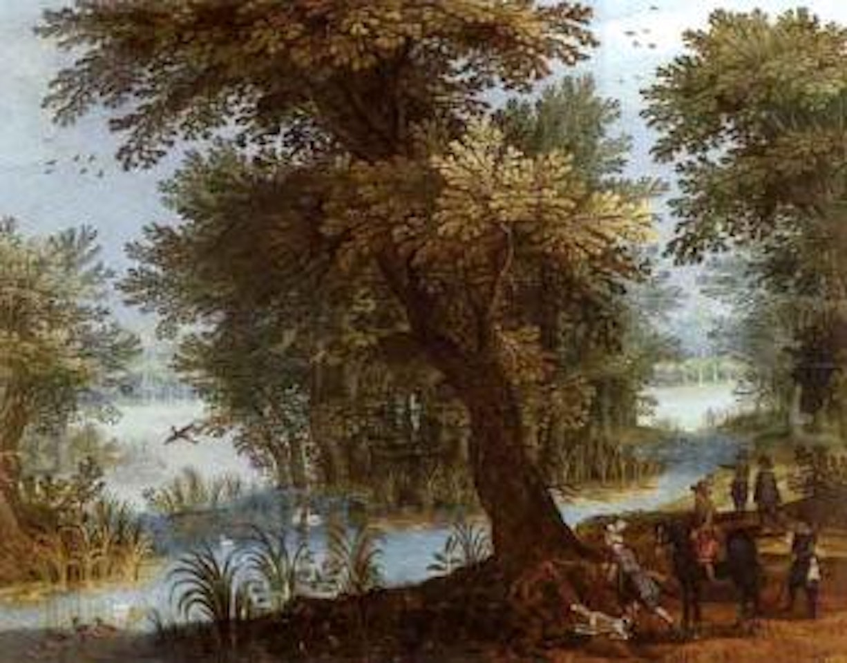 Paysage de marecage boise avec des chasseurs by Anton Mirou