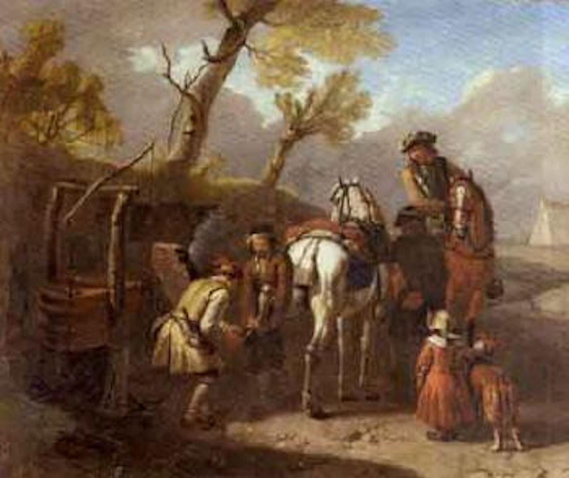 Une halte de cavalier chez le marechal ferrant by Pieter van Bloemen